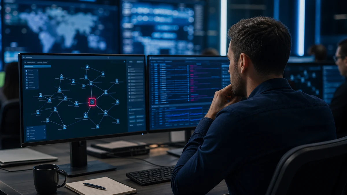 Immagine editoriale fotorealistica dedicata a “AI e cybersecurity: più capacità richiedono più controllo”.