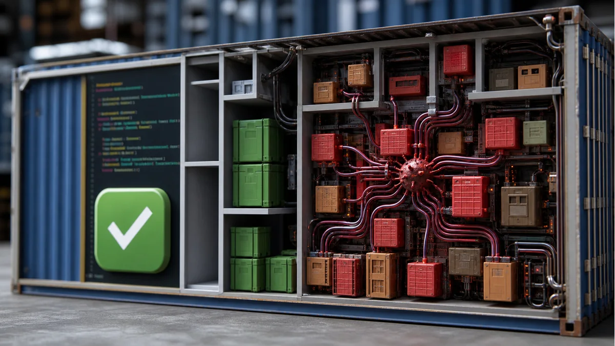 Immagine editoriale fotorealistica dedicata a “Dipendenze software: il rischio nascosto dentro applicazioni sane”.