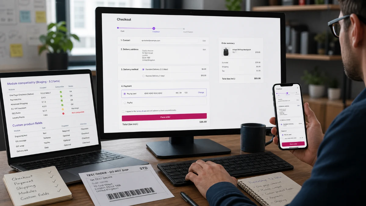Immagine editoriale fotorealistica dedicata a “PrestaShop 9.2 Beta: cosa testare prima della versione stabile”.
